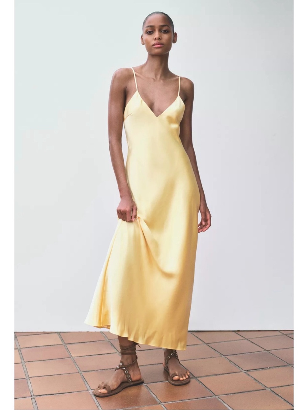 Zara Yellow Satin Slip Midi Dress